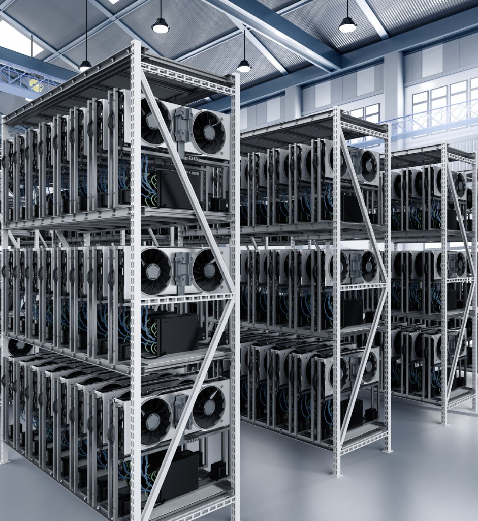 Hearst industrial mining facility with rows of high-performance miners